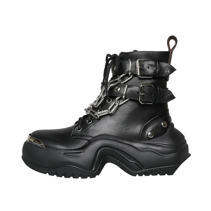 Femme Chunky Platform Combat Boots med dekorativ kæde og quiltede remme Stilla