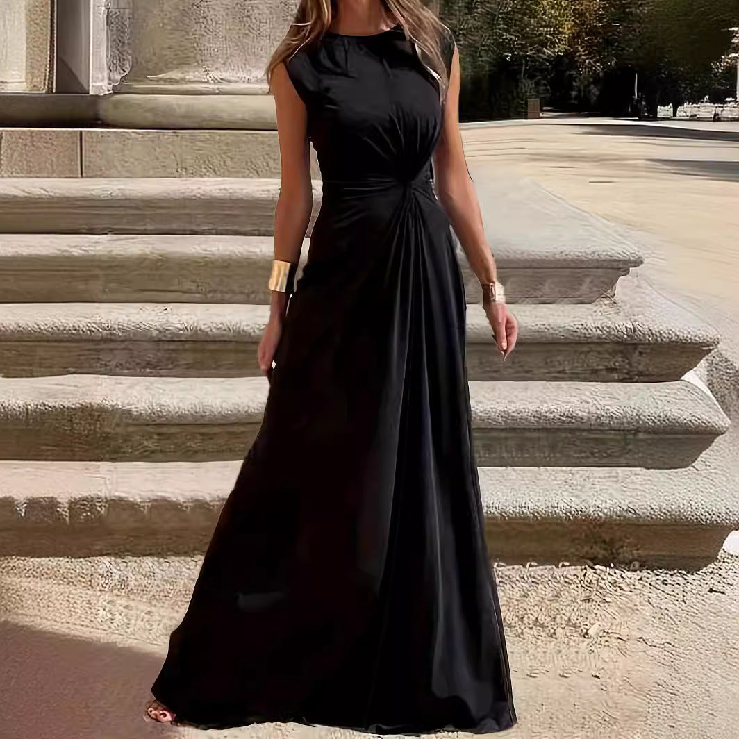 Dame elegant A-linje maxikjole med side rynkning Stilla