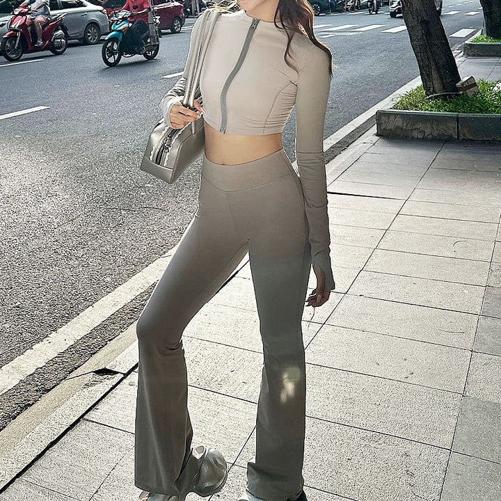 Dame sporty sæt med høj talje og lynlås crop-top Skovae