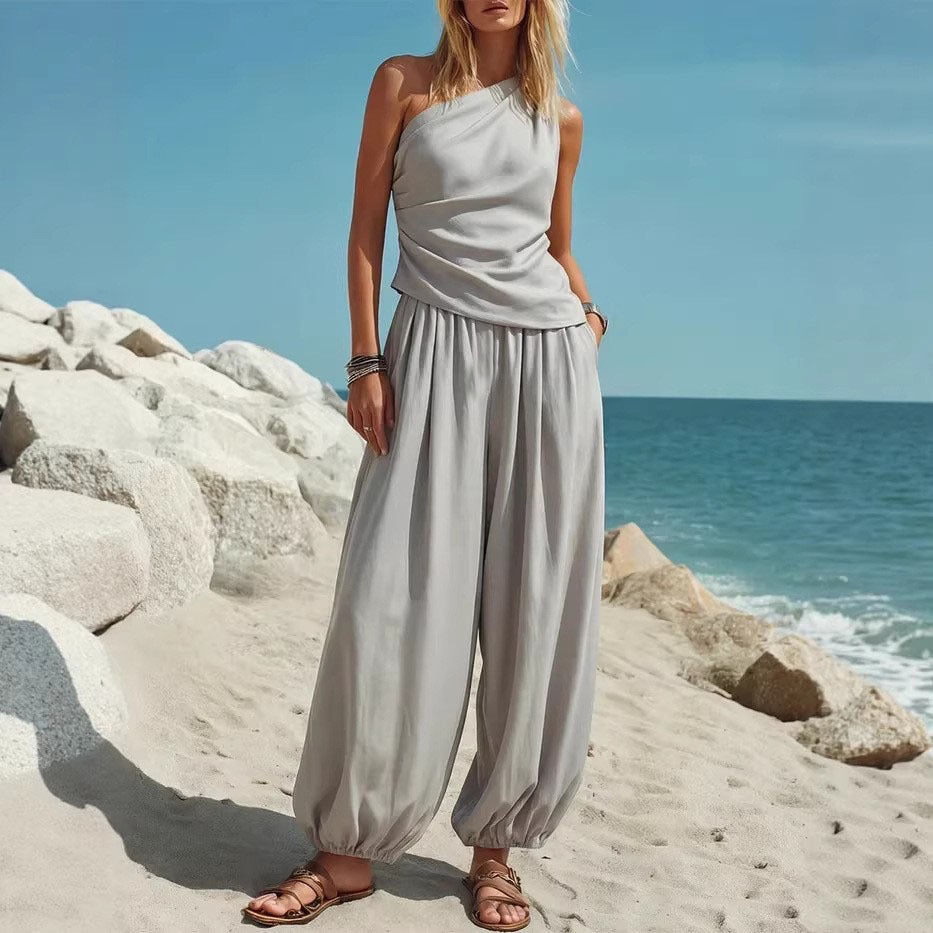 Damer Elegante Én-delt Outfit med Flydende Snit og One-Shoulder Design Skovae