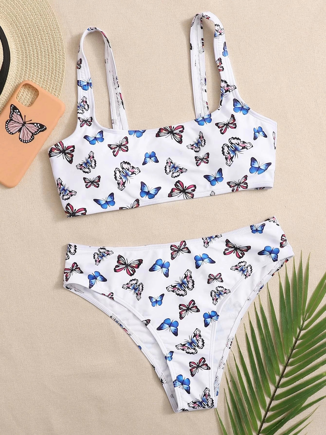 Dame Crop-Bikini-sæt med farverig sommerfugleprint Skovae