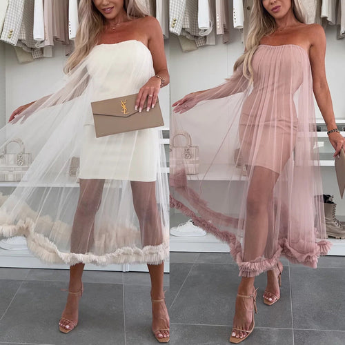 Dame Off-Shoulder Tullekjole med Flæse og Transparent Overflade Stiila