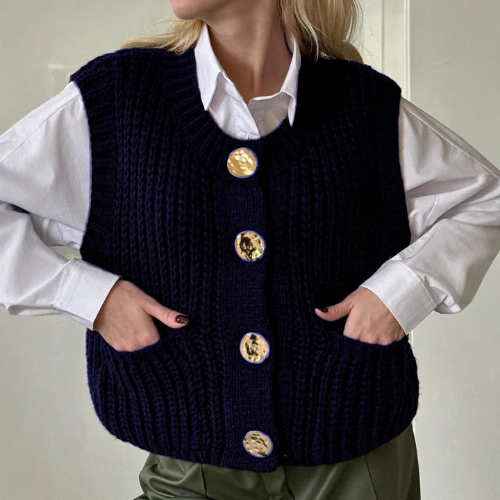 Stilla | Strikvest Uldblanding Størrelse Oversize Pasform Ribstrikket Knapper Lommer