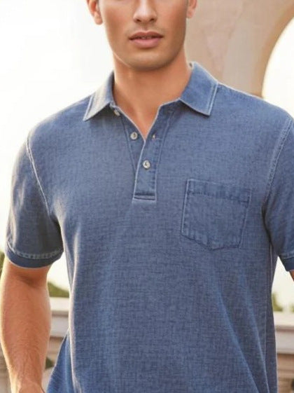 Herrers poloshirt med knaplukning og fint denim-look Stilla