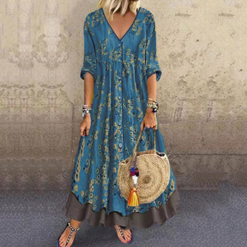 Dame Bohemian Floral Maxi Kjole med V-udskæring og Knapdetaljer Stilla