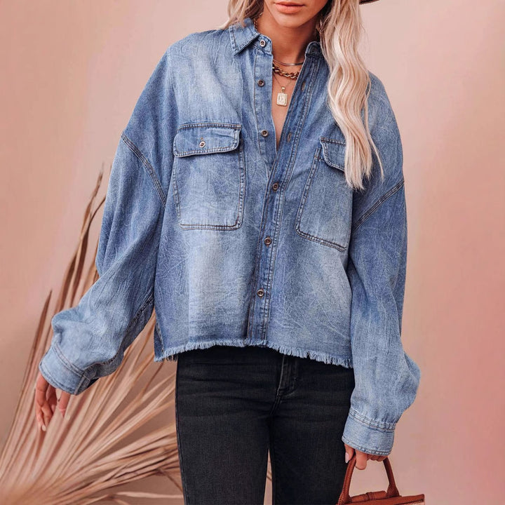 Dame Mønstret Denim Skjorte med Brystlommer Stilla
