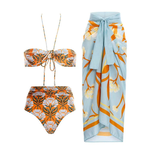 Dame Bikini-sæt med blomstret bandeau-top og høj talje Stilla