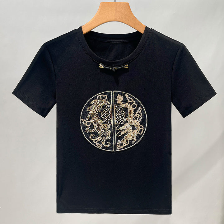 Dame T-shirt med kunstnerisk dragebroderi og elegant ståkrave Stilla