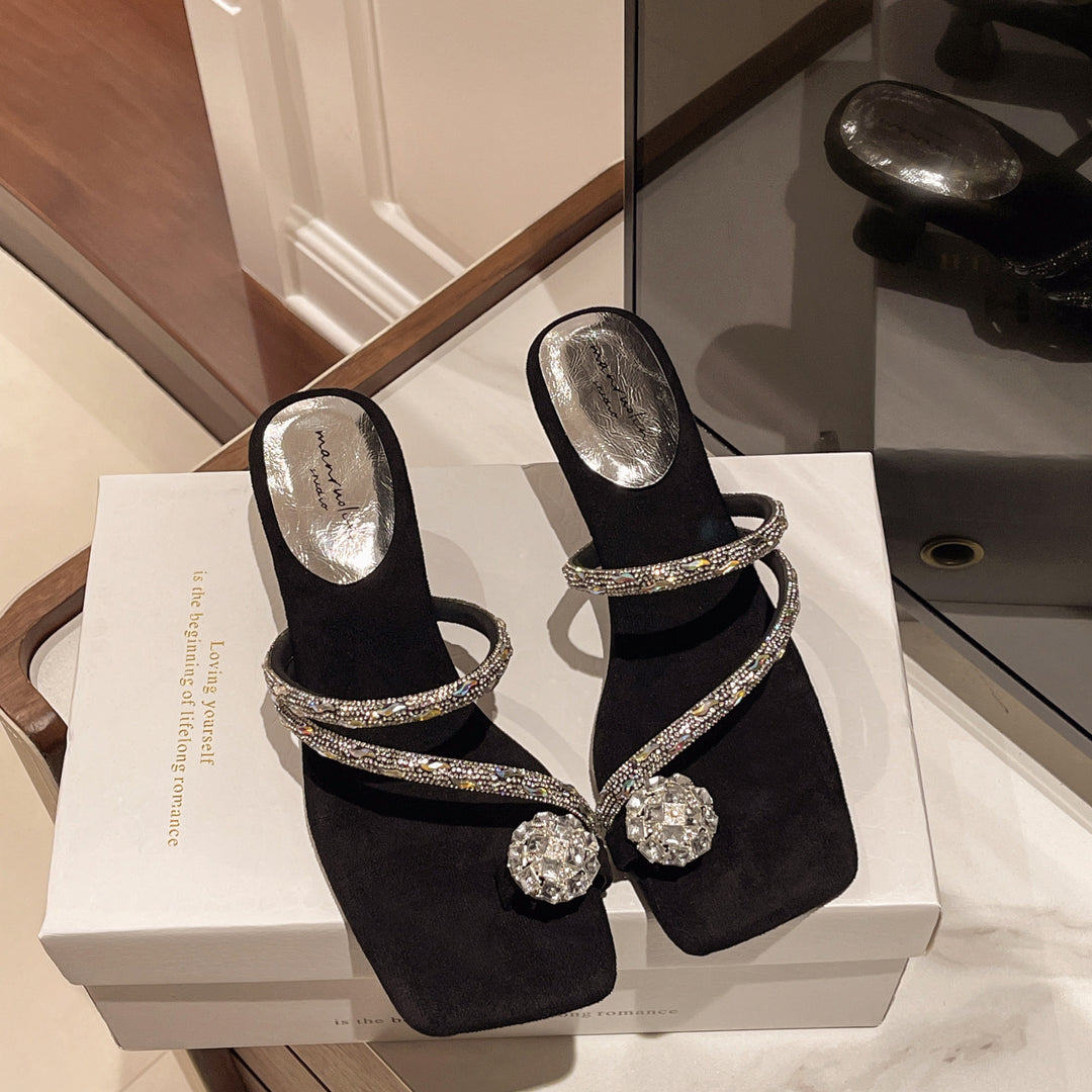 Dame Elegant Rhinestone-Stropper Lav Hæl Sandaler Stilla
