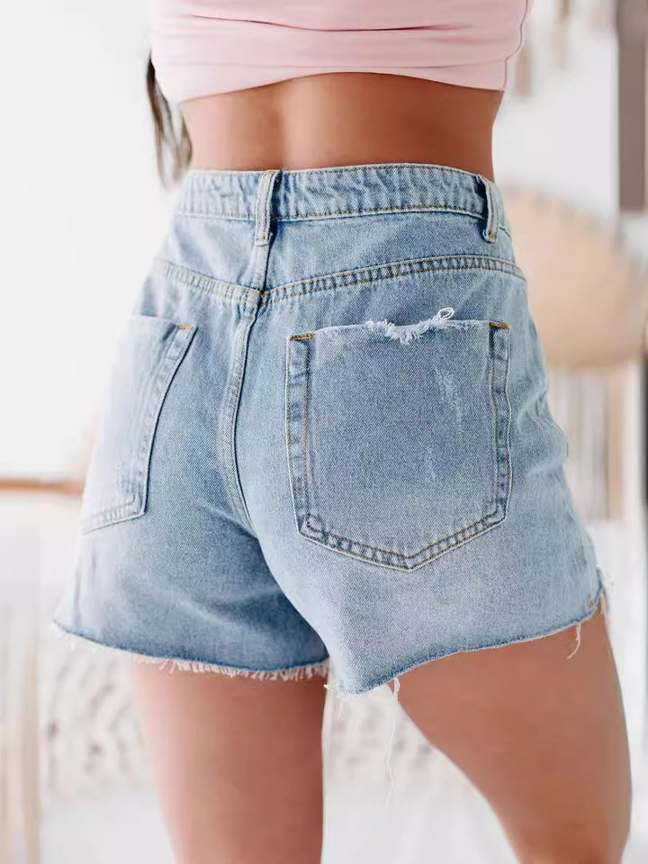 Dame Denim-shorts med høj talje og distressed-detaljer Stilla