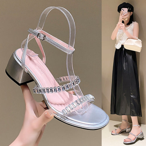 Dame Elegante Blockhæl sandaler med transparente remme og rhinesten dekorationer Stilla