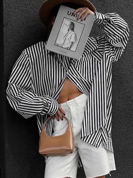 Dame Oversize Stribet Bluse i moderne stil med afrundet kant Stilla