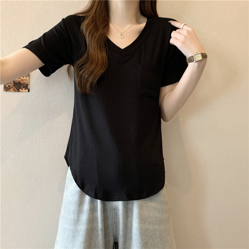 Dame V-udskæring Lomme-detalje T-shirt Stilla