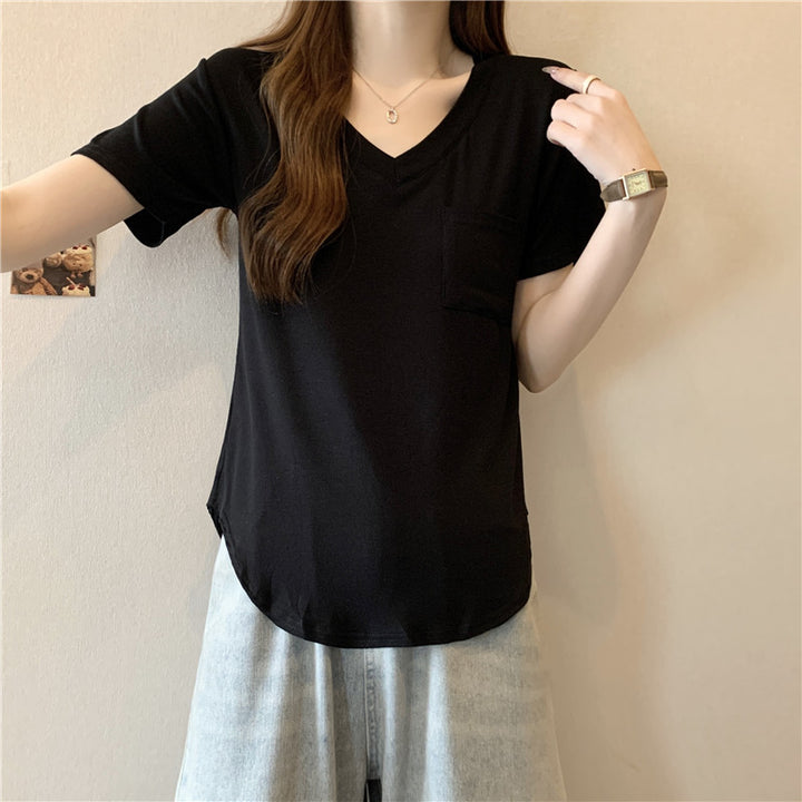 Dame V-udskæring Lomme-detalje T-shirt Stilla