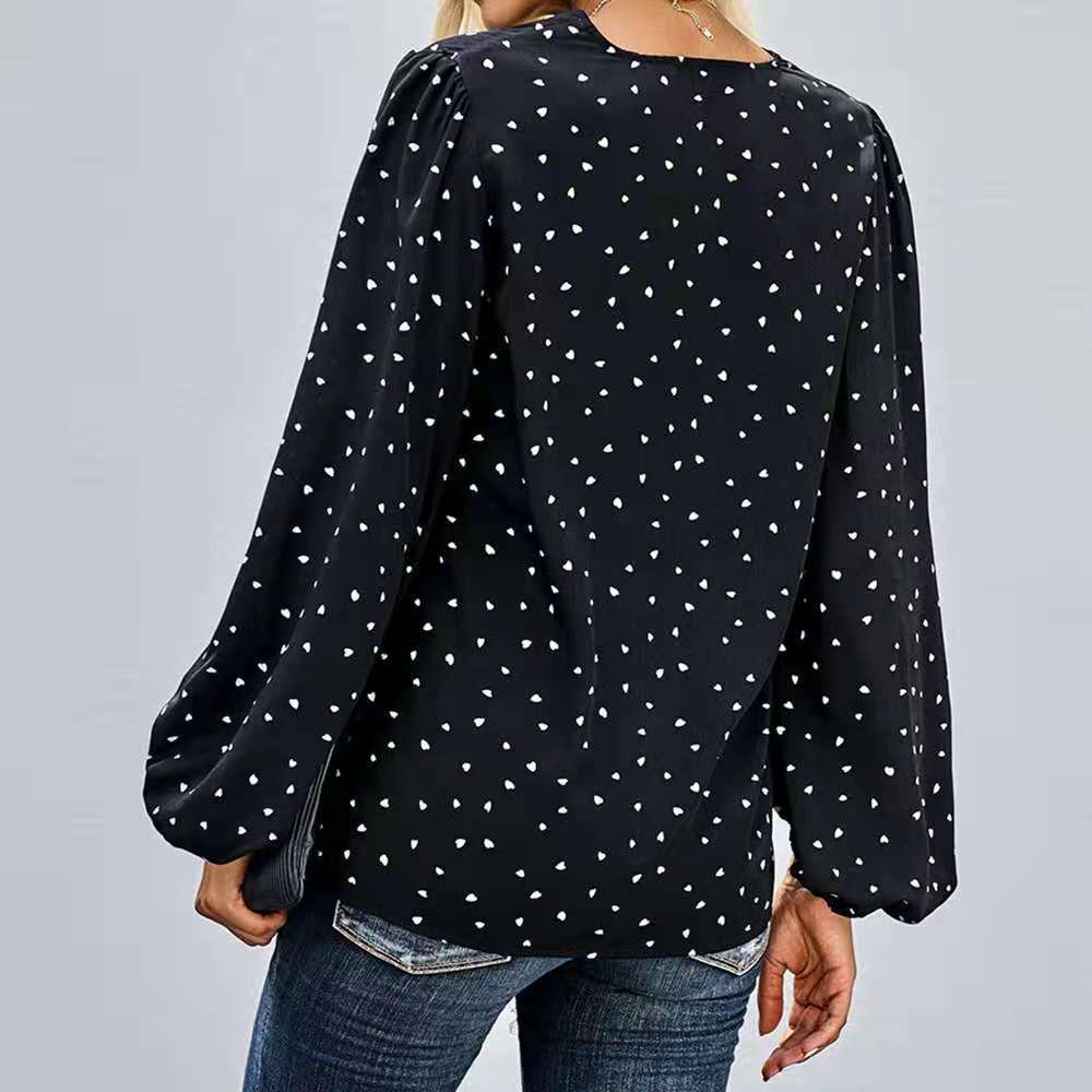 Dame elegant bluse med puffærmer og hjerte mønster Stilla