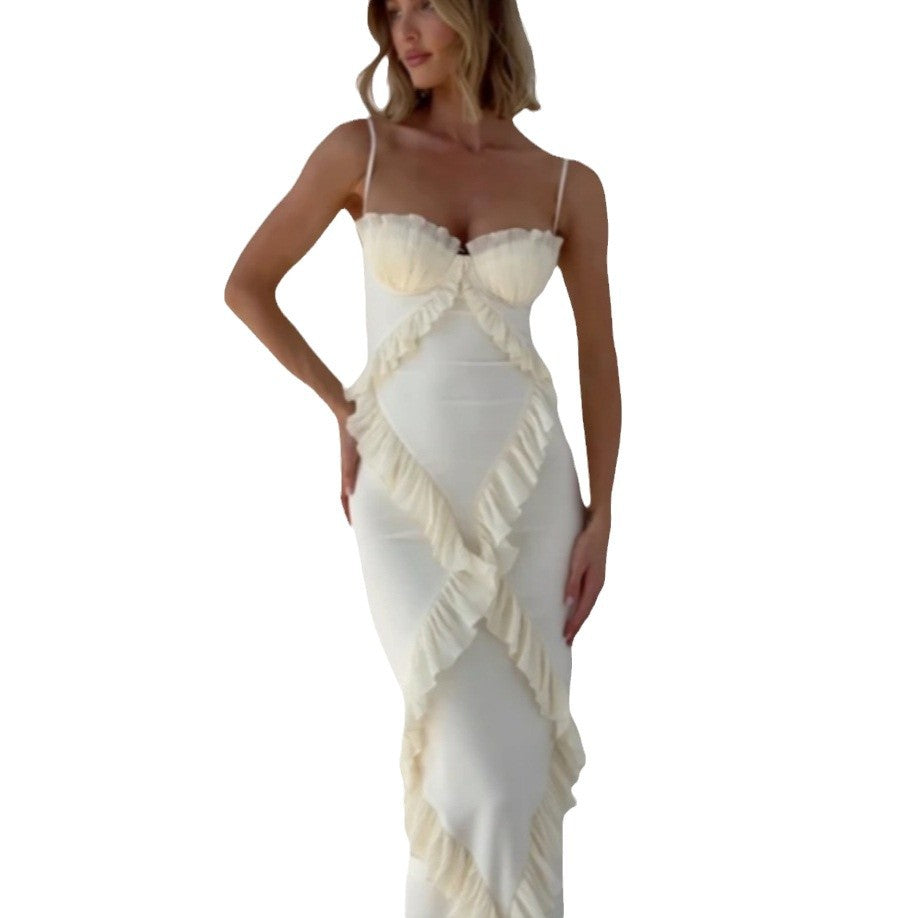 Dame Silke Maxikjole med elegante flæsedetaljer og strapless design Stilla