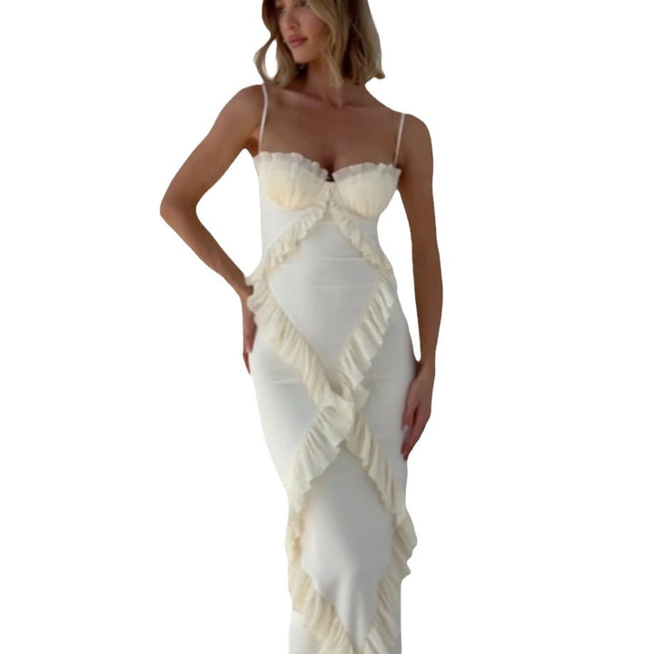 Dame Silke Maxikjole med elegante flæsedetaljer og strapless design Stilla