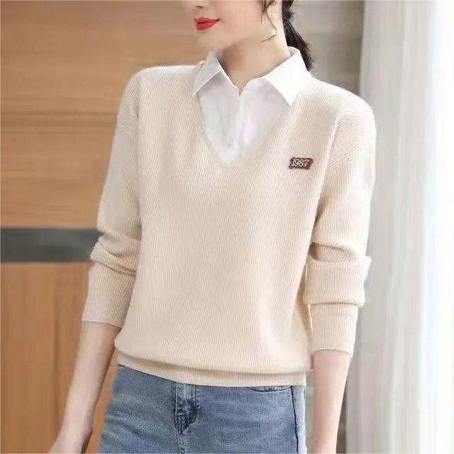 Kvinders elegante V-hals sweater med skjortekrave Stilla
