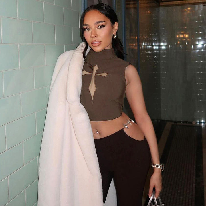 Dame Højhals Crop Top med Kryds-Design Stilla