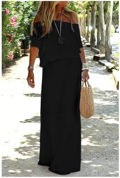 Dame Off-Shoulder Maxikjole med flydende snit og elegante volangdetaljer Stilla