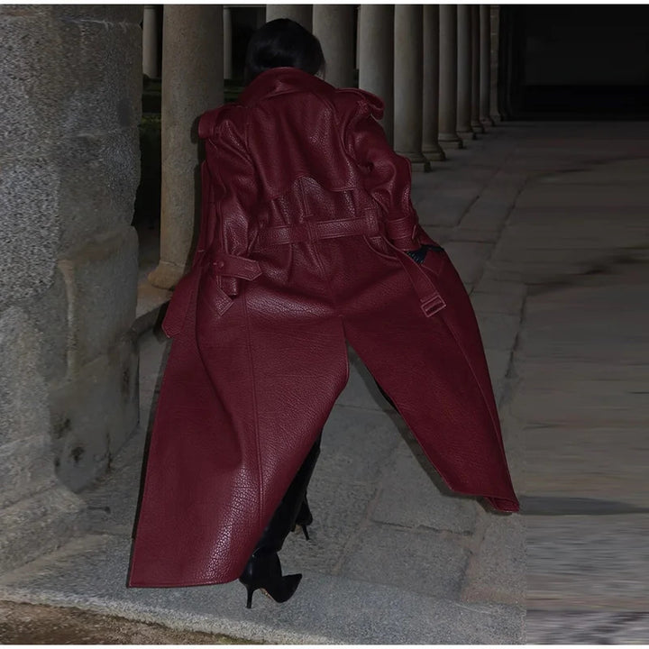 Kvinders Mode Faux Læder Trench Jakke med Høj Krave Stilla