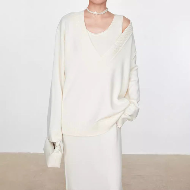 Dametøj chunky strikket sweater med V-hals og oversized fit Stilla