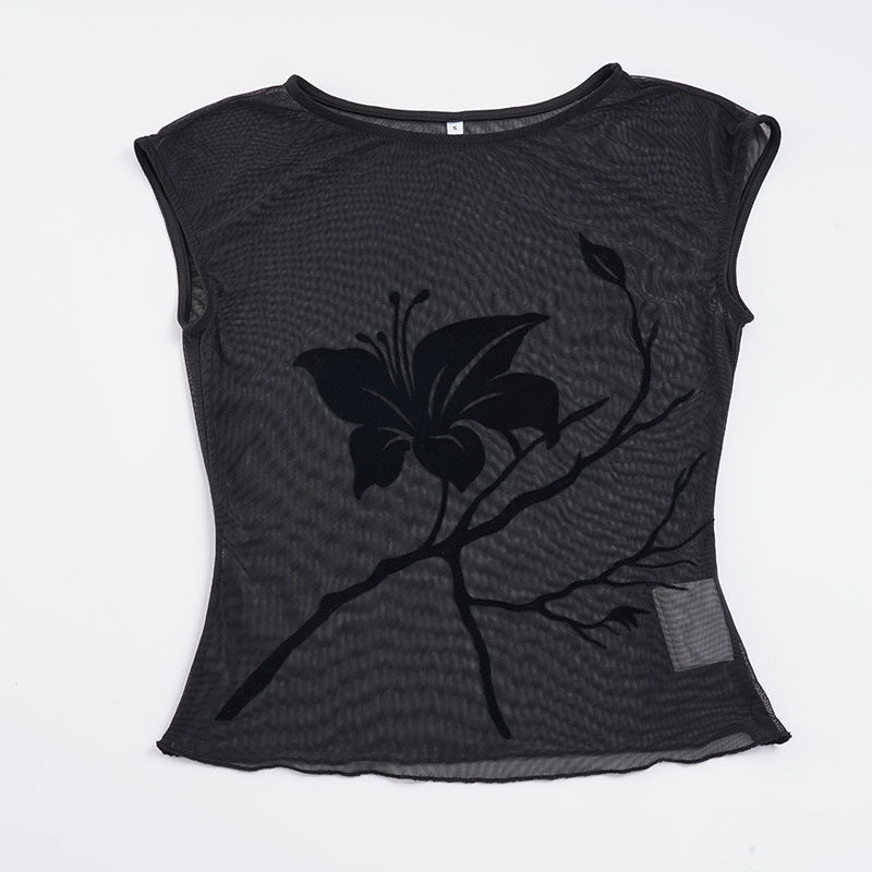 Dame gennemsigtig mesh-bluse med blomstertrykt Skovae