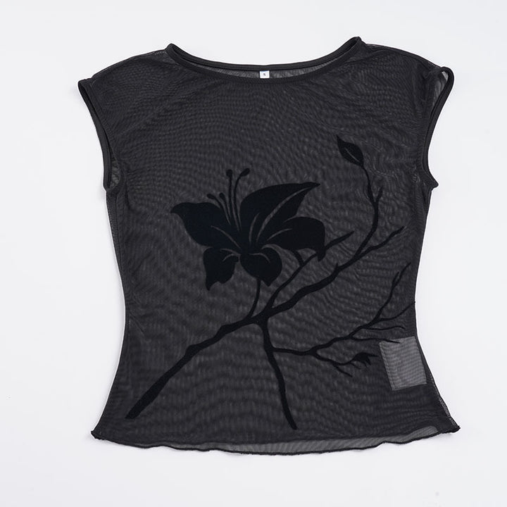 Dame gennemsigtig mesh-bluse med blomstertrykt Skovae