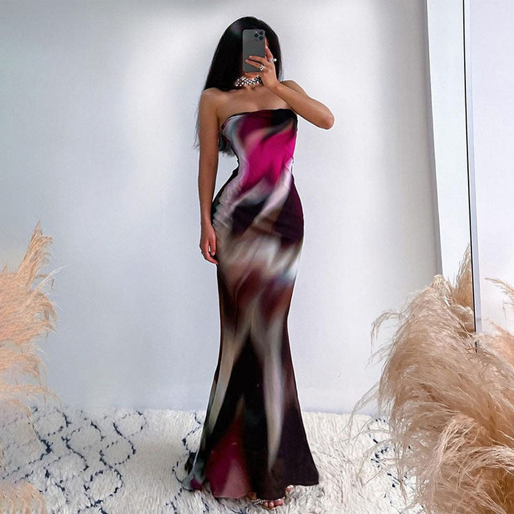 Dame Strapless Maxikjole med flydende snit og moderne farvegradient Stilla