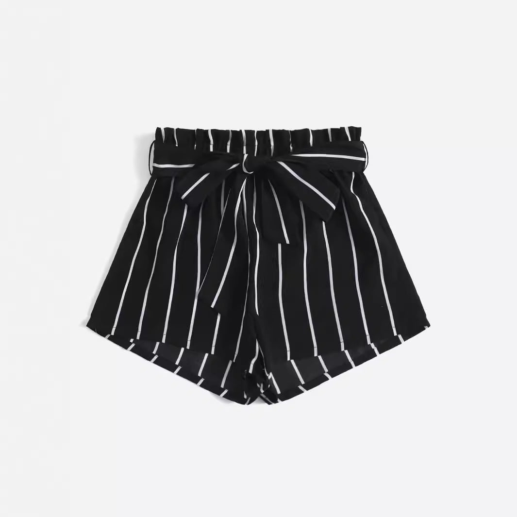 Dame stribede fritidsshorts med elastisk talje og bindebælte Skovae