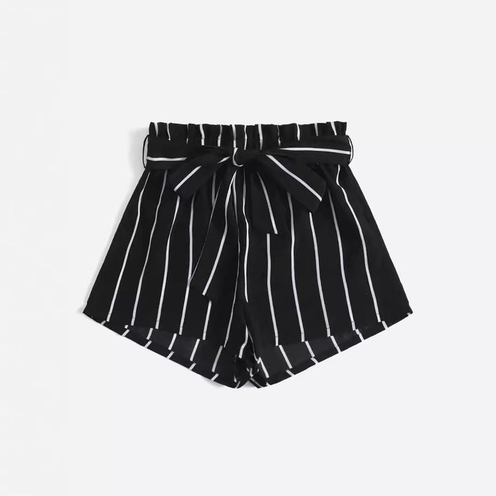 Dame stribede fritidsshorts med elastisk talje og bindebælte Skovae
