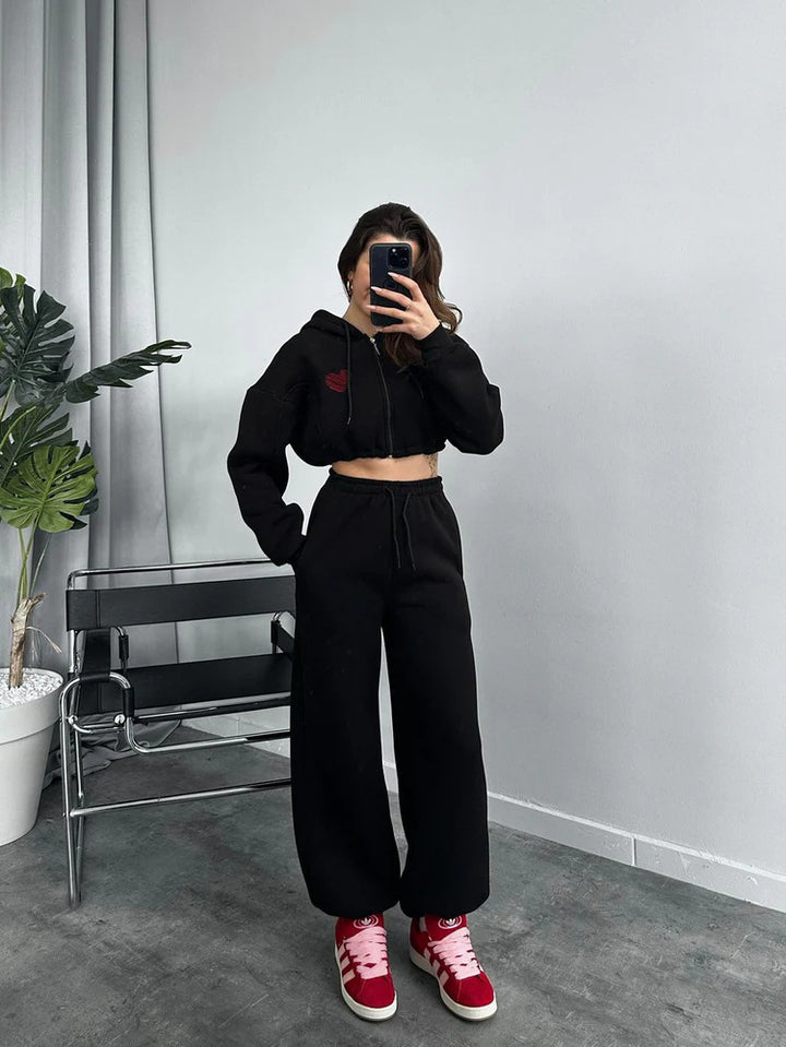 Dames afslappet hoodie og joggingbukser sæt med cropped top og elastisk talje
