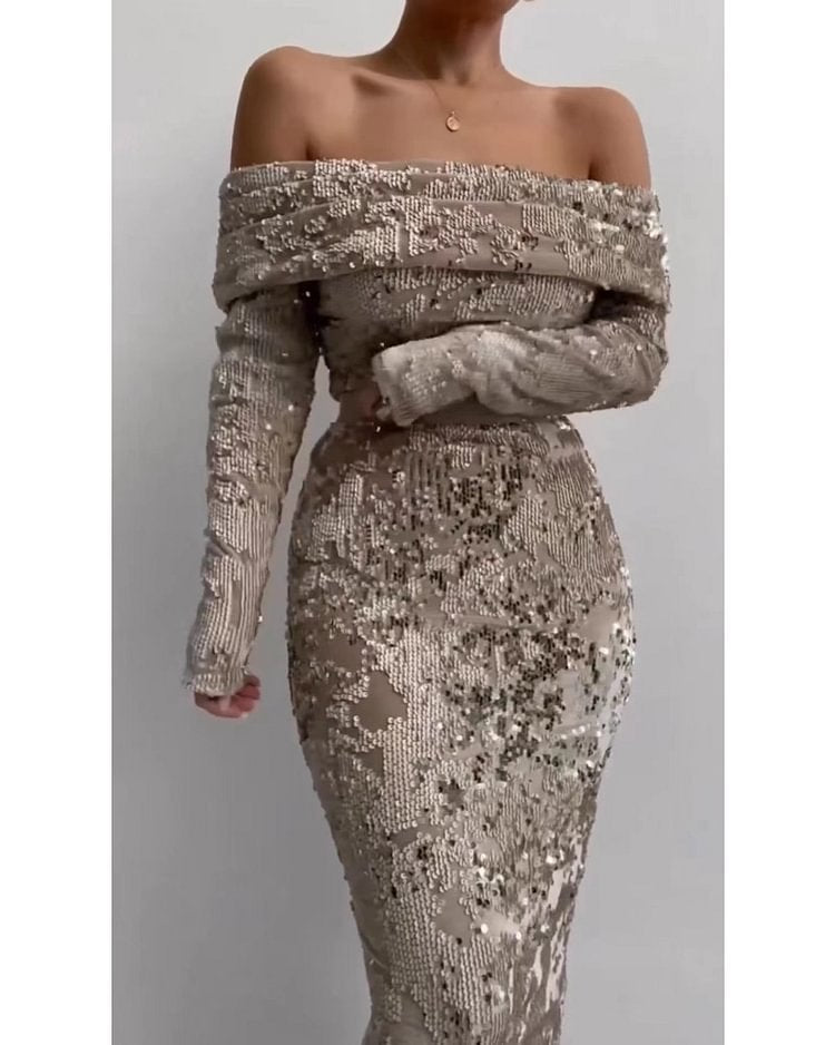 Kvindernes glamourøse aften kjole med glitrende perler og off-shoulder detalje