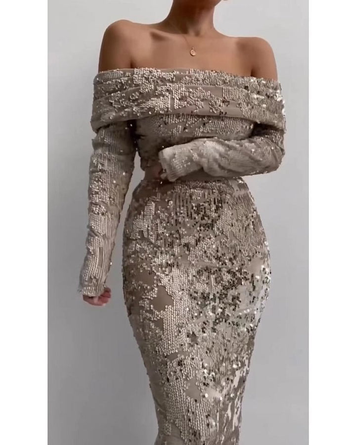 Kvindernes glamourøse aften kjole med glitrende perler og off-shoulder detalje