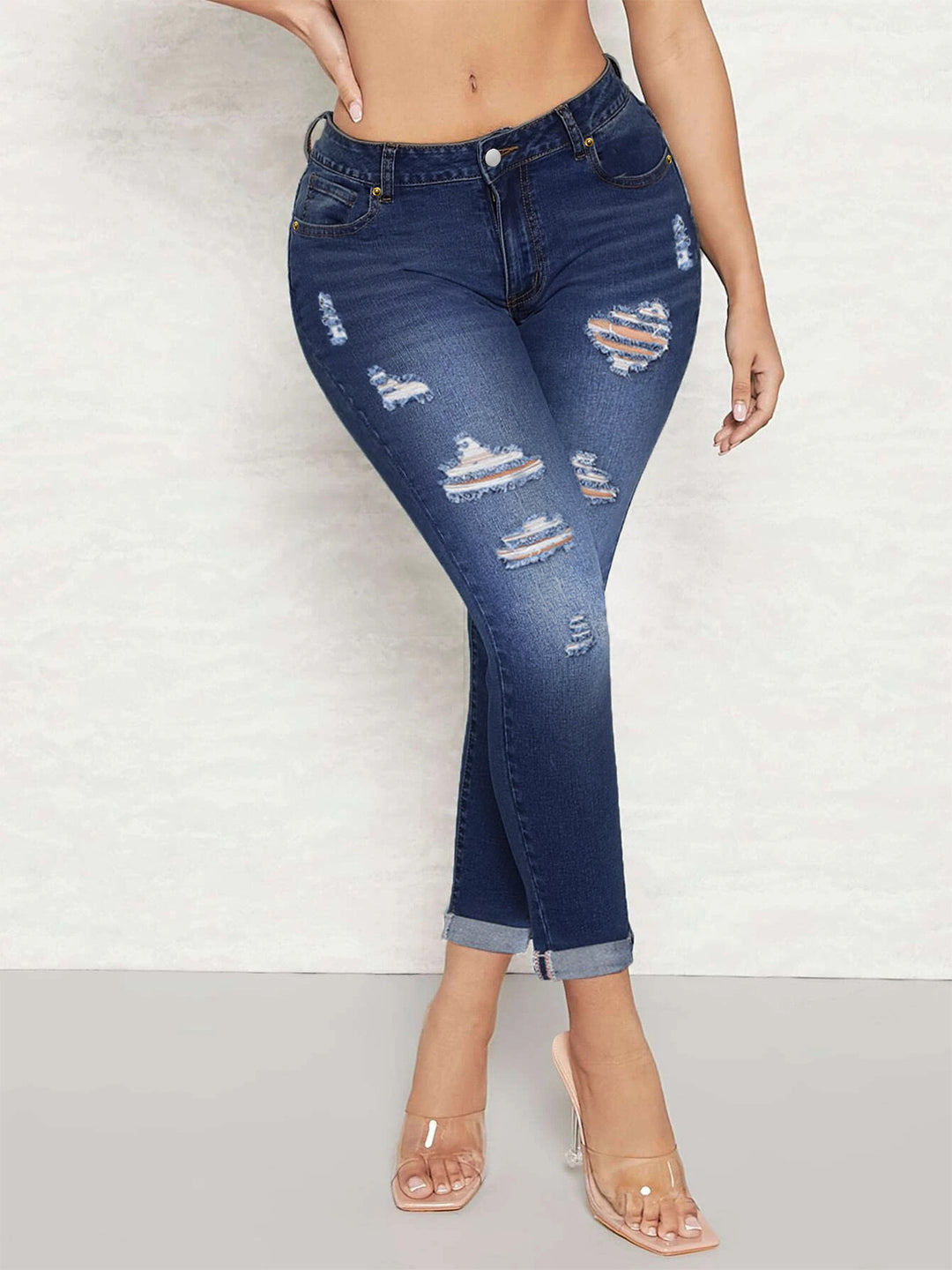Dame Skinny Jeans i moderigtigt Destroyed-look med højt liv og kropsnær pasform Stilla
