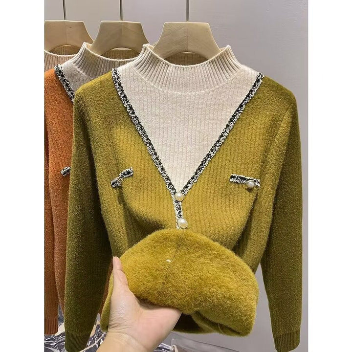 Dame mode V-hals pullover med glimmerdetaljer og knapper Stilla