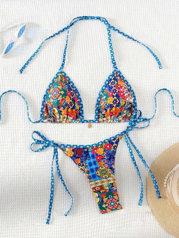 Damer trekant-bikini med blomsterdesign og justerbare bånd Skovae