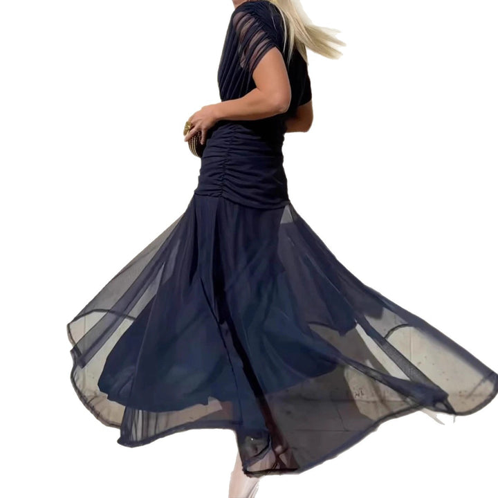 Dame nan flydende aftenkjole med gennemsigtigt chiffon-capelet, V-hals og taljeret drapering Skovae