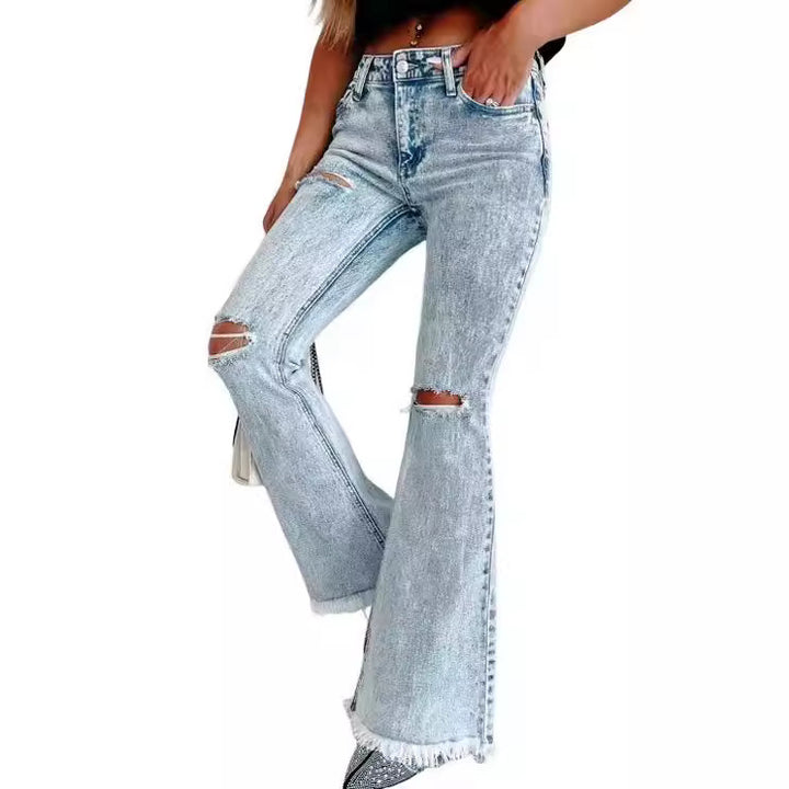 Dame flared jeans med frynset kant og moderne used-look Stilla