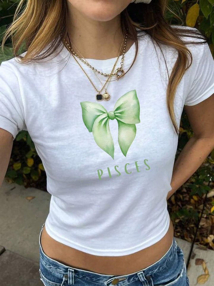 Dame Crop-Shirt med charmerende sløjfemotiv og astrologisk tryk Skovae