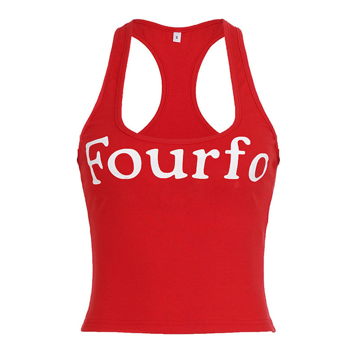 Dame Sporty Crop Top med raffinerede stropper og iøjnefaldende skrift Skovae