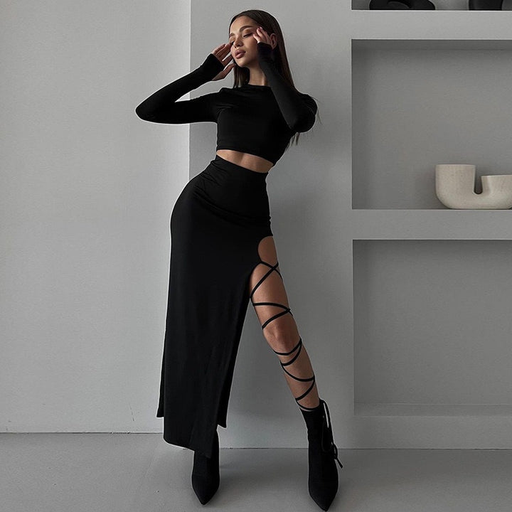 Dame Elegant Crop-Top med asymmetrisk nederdel og raffineret ben-splitt Skovae