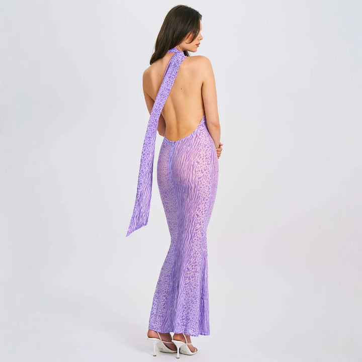 Dame maxikjole i elegant zebra-stribet design med skuldrene fri halter-stil Stilla