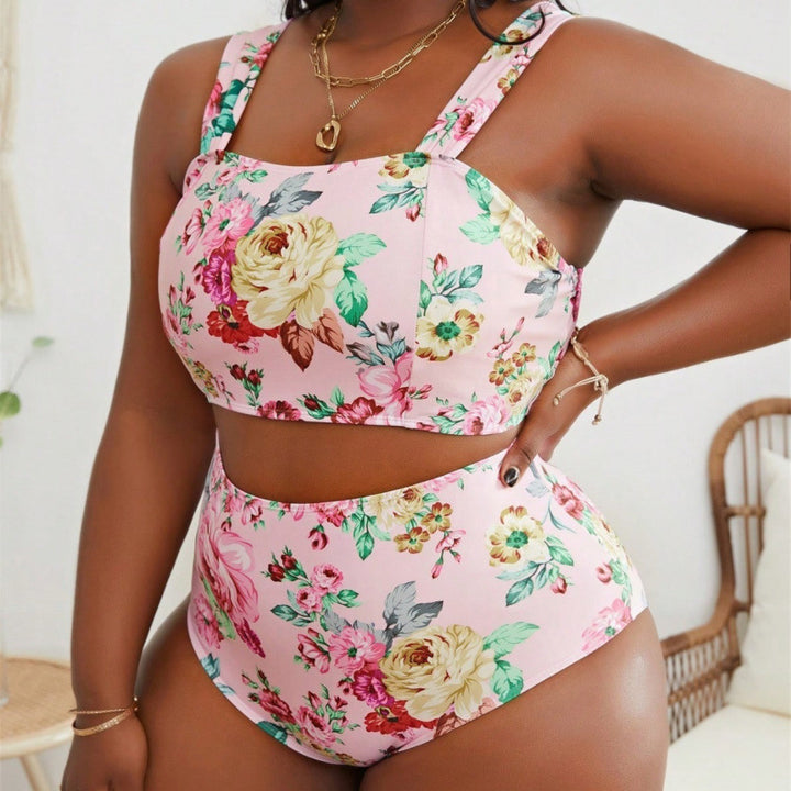Dame bikini-sæt med blomstercrop-top og høj talje-snit Skovae