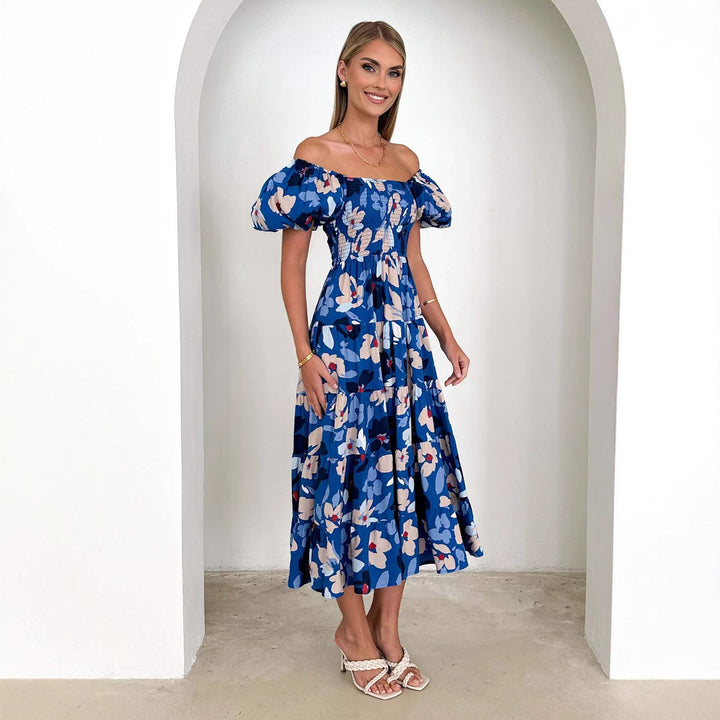 Dame Off-Shoulder Maxkjole med voluminøse puffærmer og blomster mønster Stilla