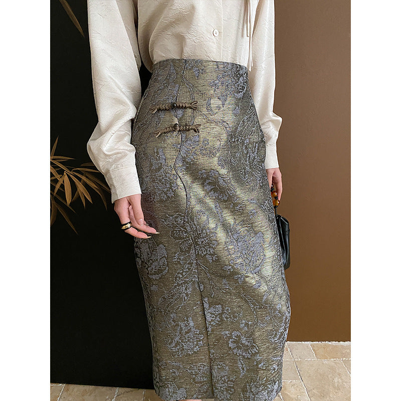 Kvindernes elegante midi-nederdel med blomstermotiver og sideslids Stilla