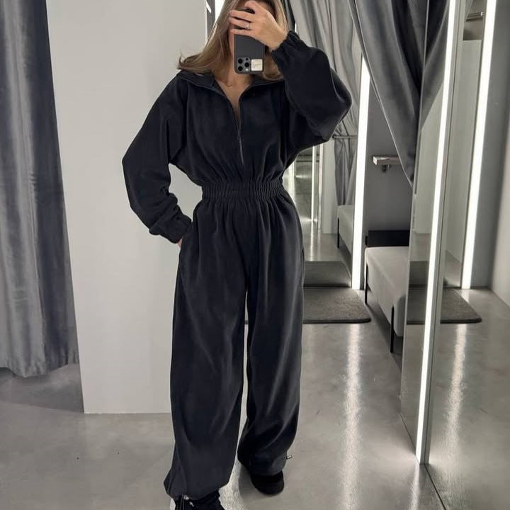 Kvinders fleece jumpsuit med høj krave og elastisk talje