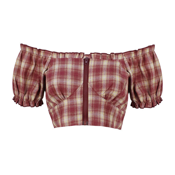 Dame Cropped Bluse med Puffærmer og lynlås Skovae