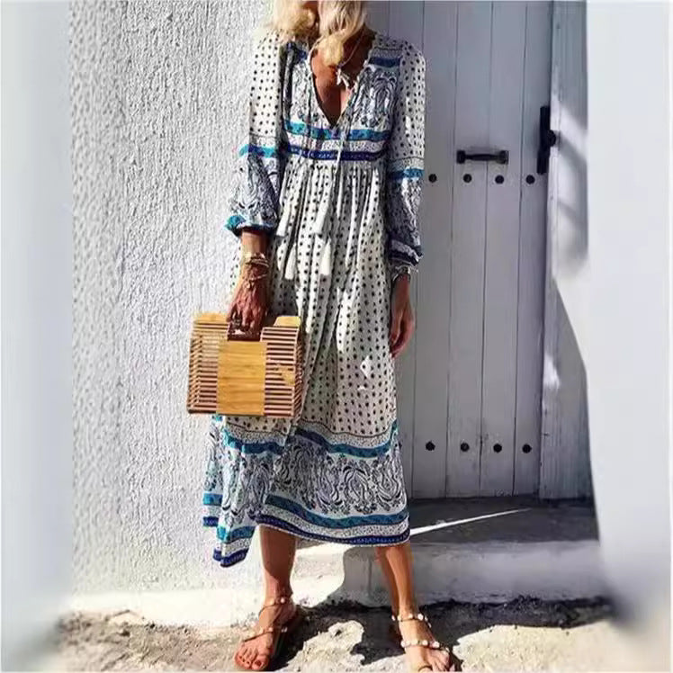 Dame Boho-Midi kjole med fine detaljer og smart mønster Stilla