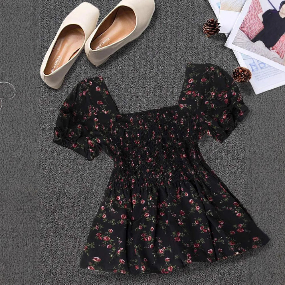Dame bluse shirt med skulderfri pufærmer og blomsterdesign Stilla